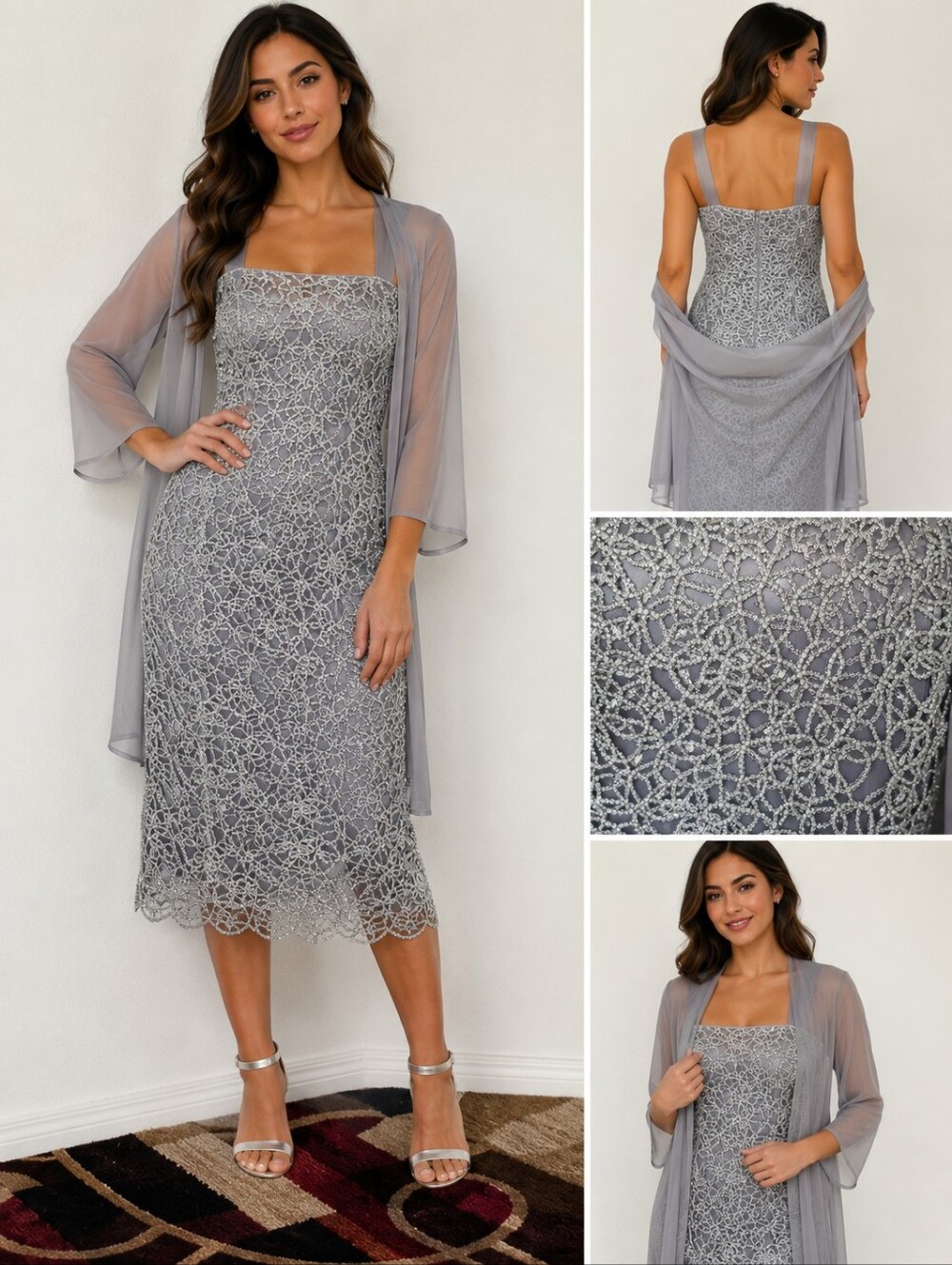 R&M Collection Silver Beaded Lace Dress & Sheer Jacket Set Size 14 Elegant